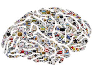 illustration of a brain with dozens of different icons all over