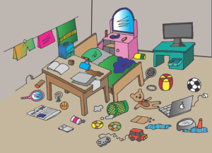 Illustration of a messy child's room