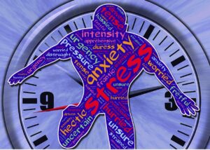Illustration of an outline of a man over a clock with words of anxiety and stress pasted all over the body