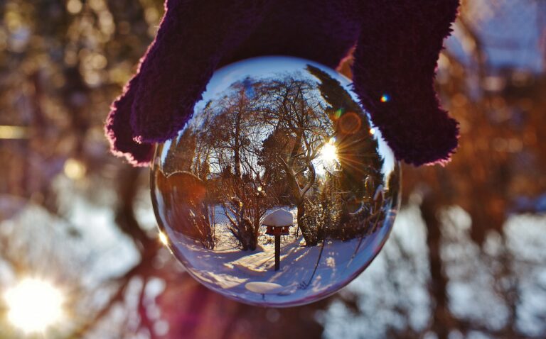 Photograph of a person holding a circular reflecting ball resembling a snow-globe