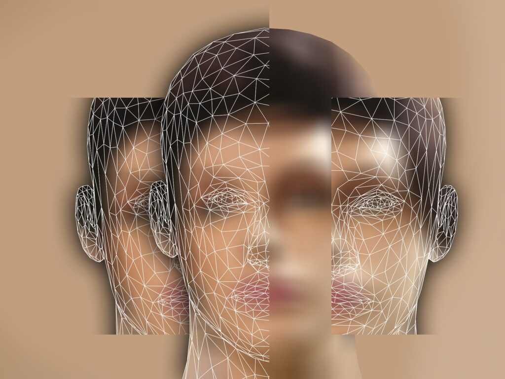 Abstract illustration of a young man's face split into three parts